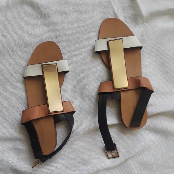 {Zara Trafaluc} Gold T-Strap Sandal SZ 9 - Picture 1 of 5